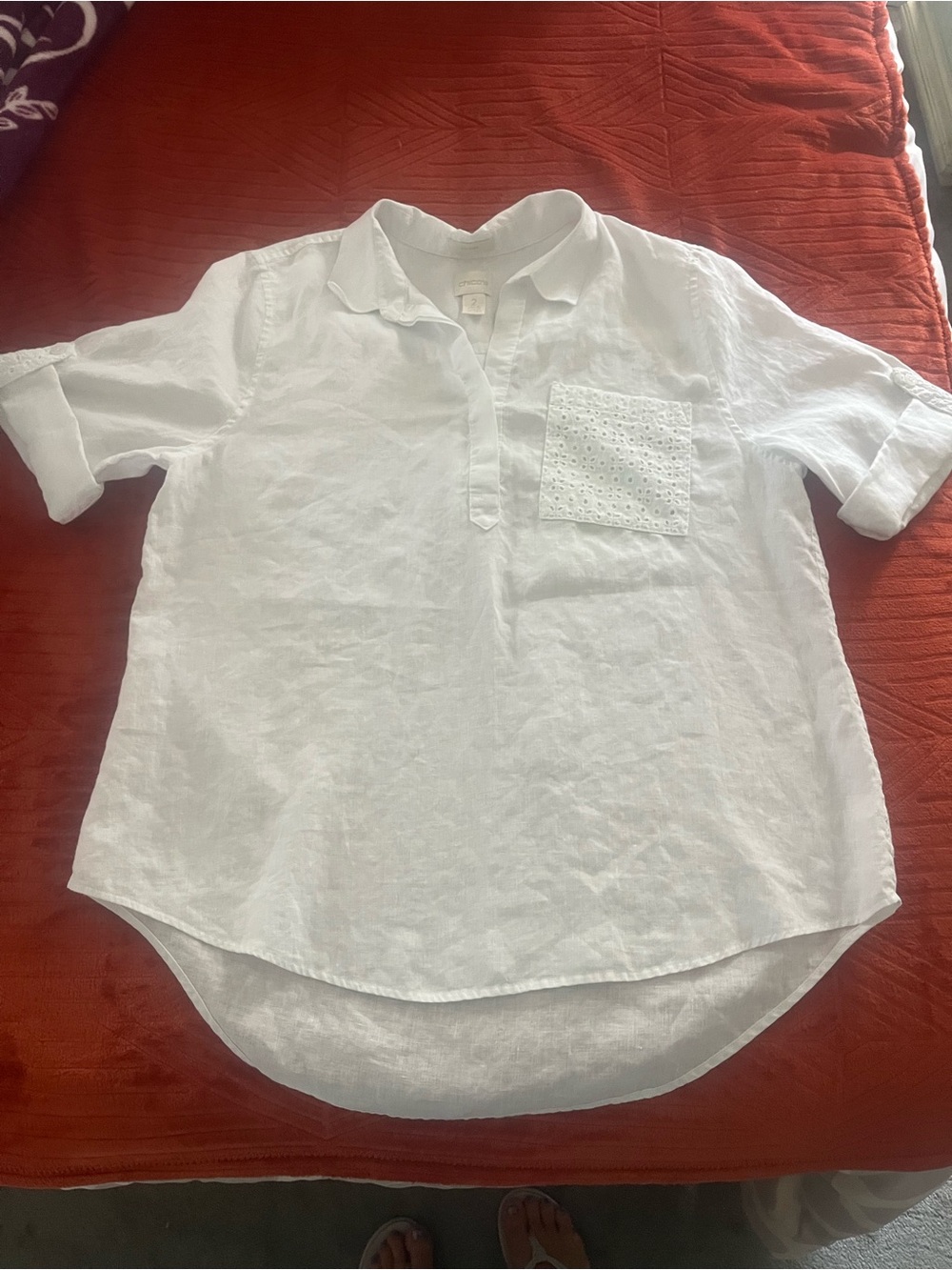 Chico's White Linen Split V-Neck Pullover